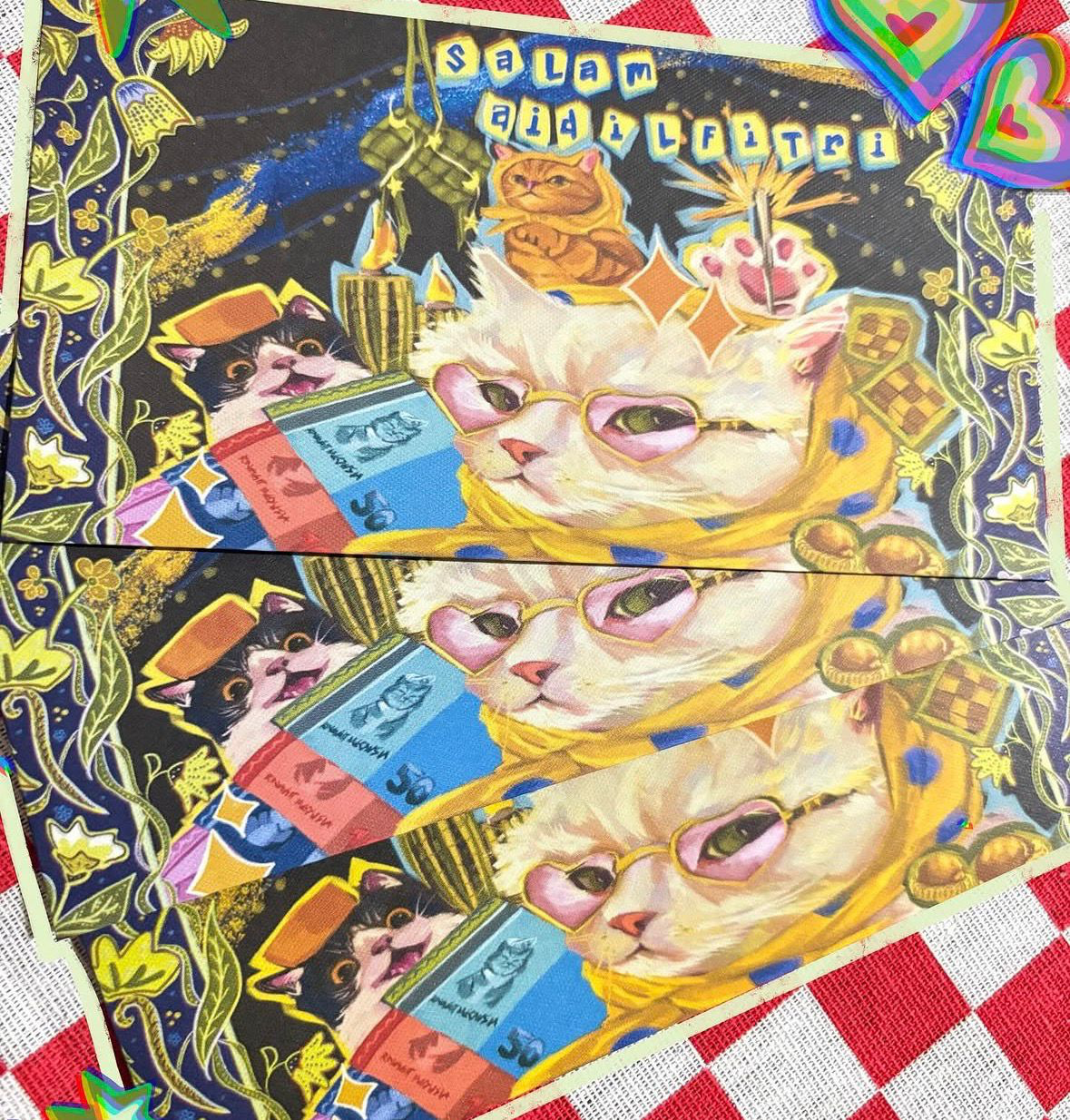 CelcomDigi festive money packet artwork by whiteyedcat with illustrated characters and Hari Raya details.