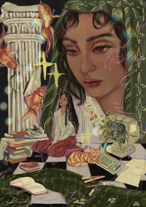 Portrait of a woman surrounded by goldfish, books, a cat, and a classical column.