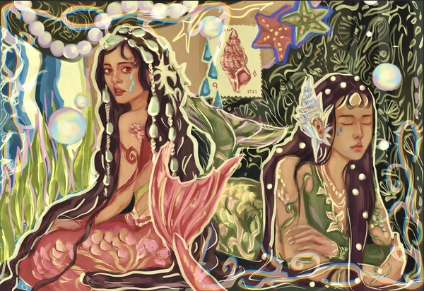 Two figures in a lush, dreamlike landscape with flowers, shells, and glowing bubbles.