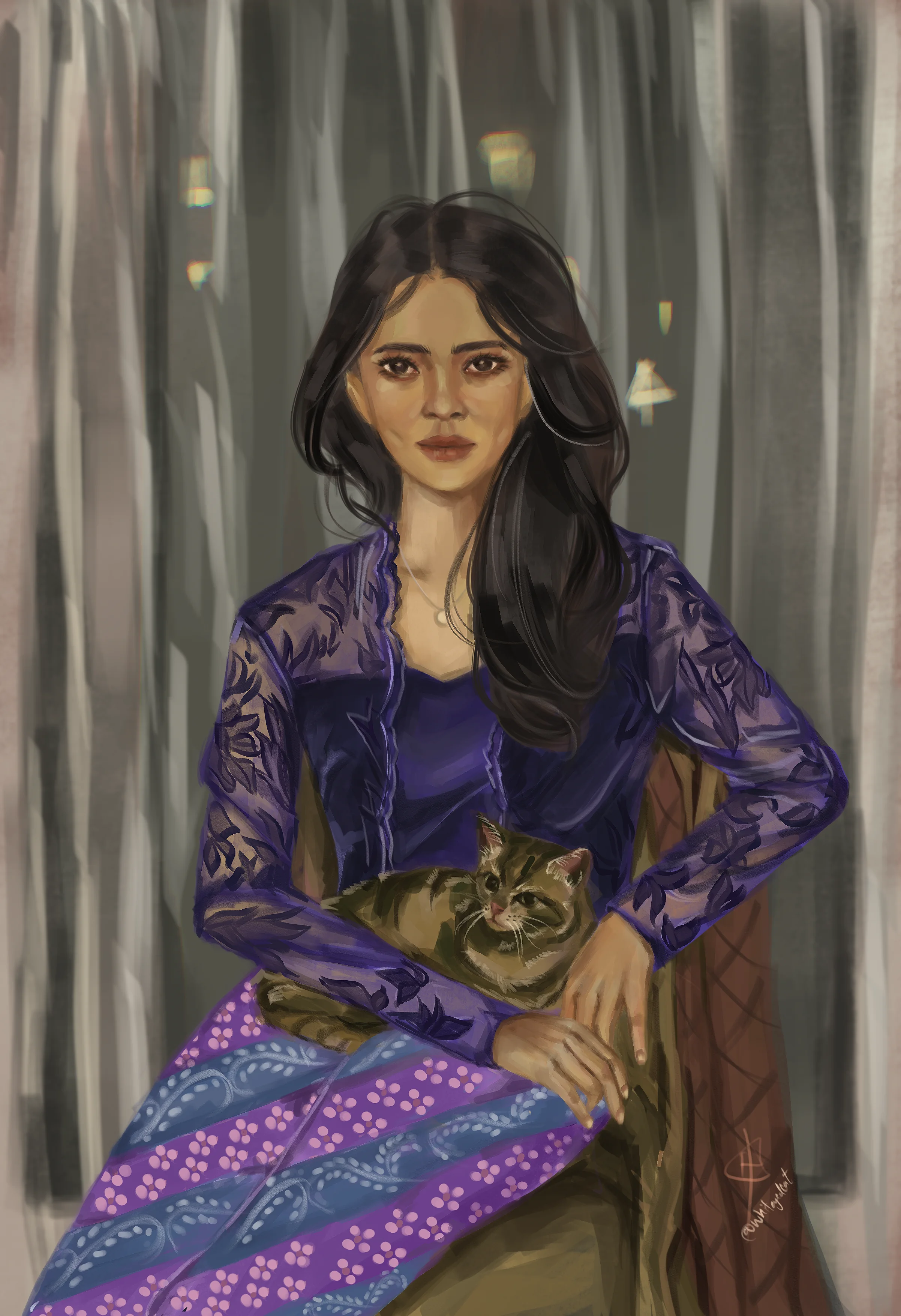 Portrait commission preview with a stylized illustrated figure and detailed background.